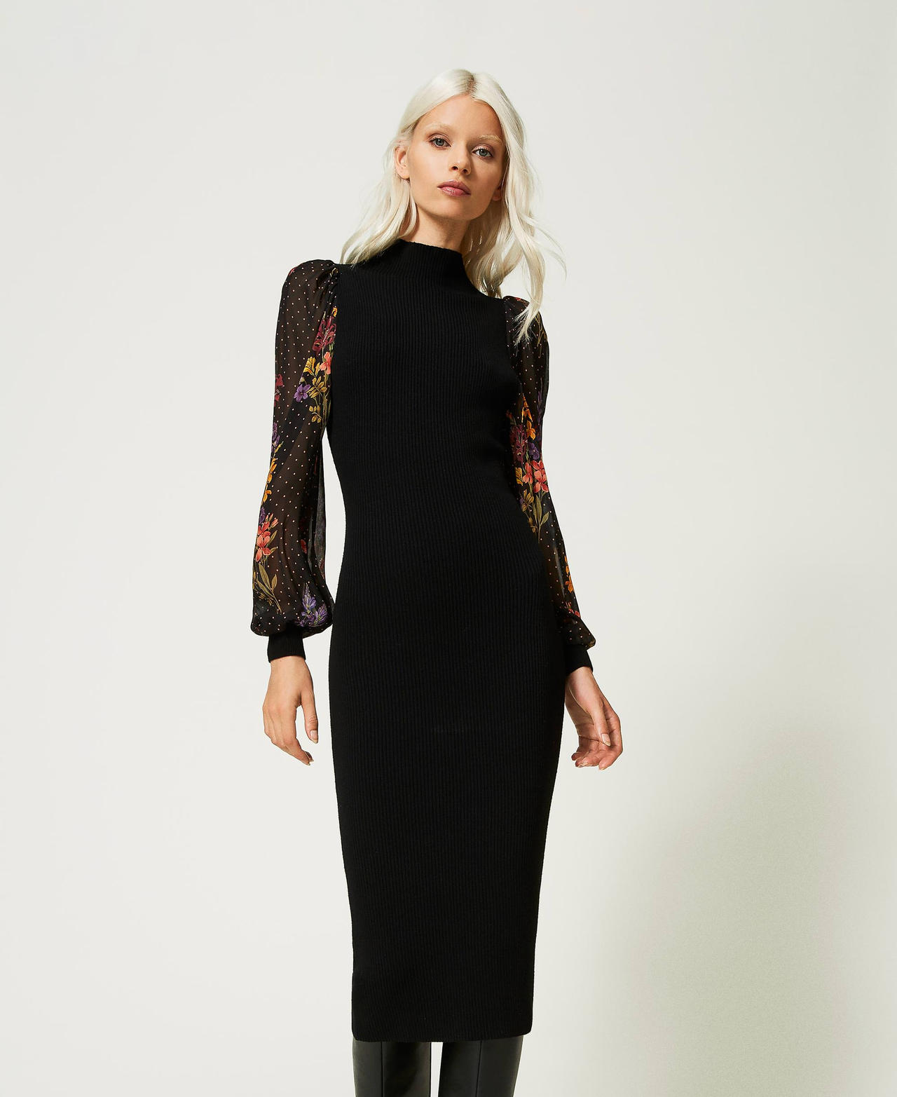 Knit and georgette midi dress Two-tone Black /Jolie Fleurs Print / Black Woman 232TT3530-02