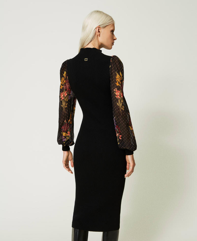 Knit and georgette midi dress Two-tone Black /Jolie Fleurs Print / Black Woman 232TT3530-03
