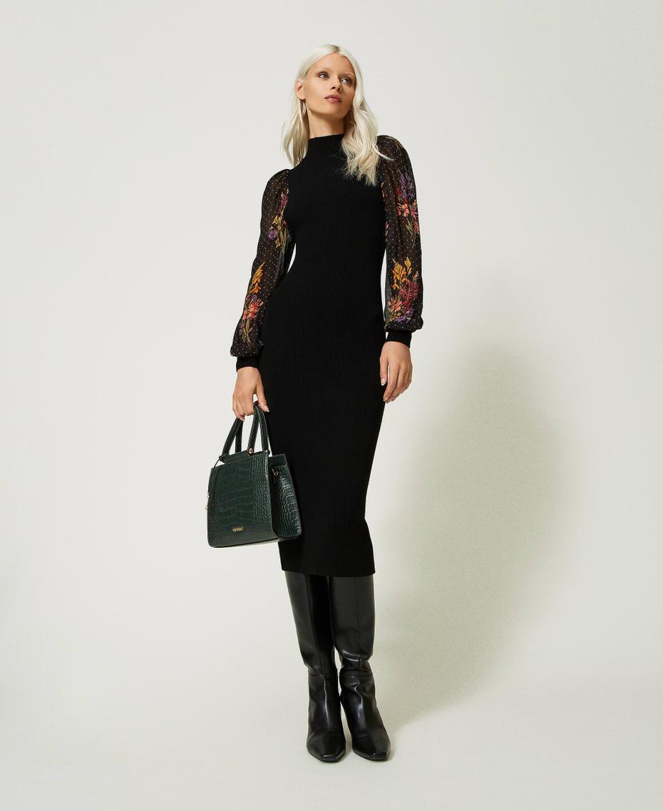 Abito longuette in maglia e georgette Bicolor Nero / Stampa Jolies Fleurs / Nero Donna 232TT3530_11227_T0