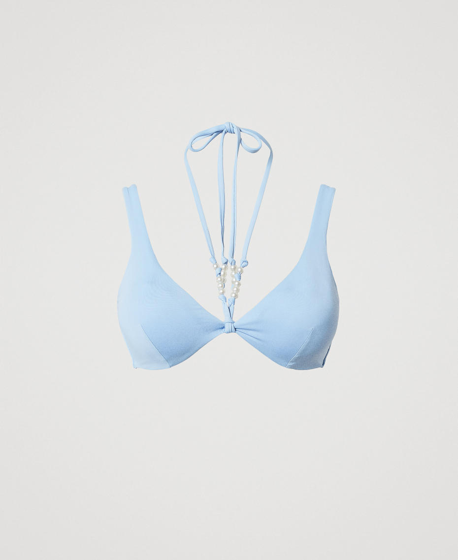 Padded triangle bikini top with pearls Light Blue Topaz Woman 251LMMA33_12106_S0