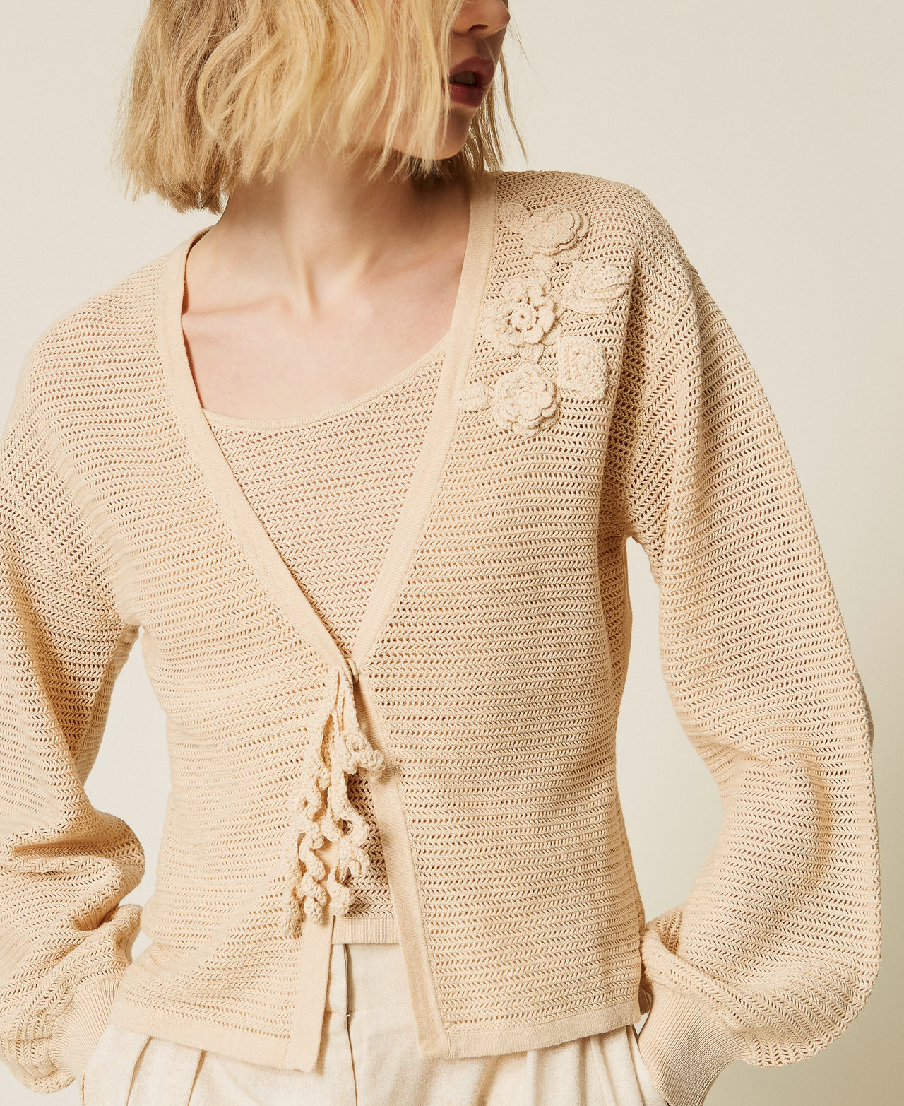 Mesh stitch cardigan and top Woman, Beige | TWINSET Milano