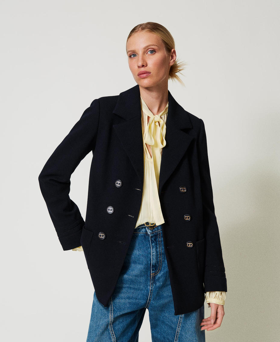 Double-breasted caban jacket with embroidery Blue Night Woman 251TP2040_00238_01