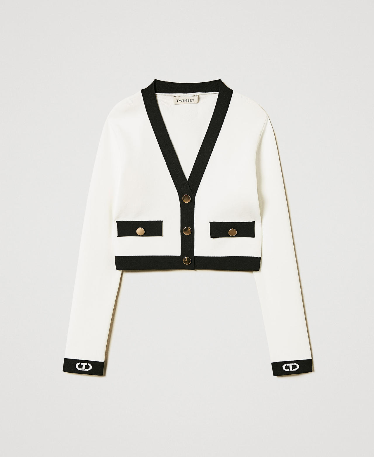 Ribbed cardigan with Oval T jacquard Bicolour "Ice" White / Black Girl 251GJ3QW4_02849_0S