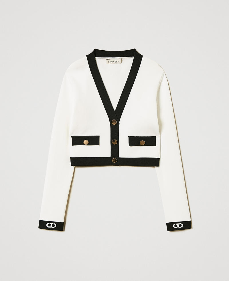 Ribbed cardigan with Oval T jacquard Bicolour "Ice" White / Black Girl 251GJ3QW4_02849_0S