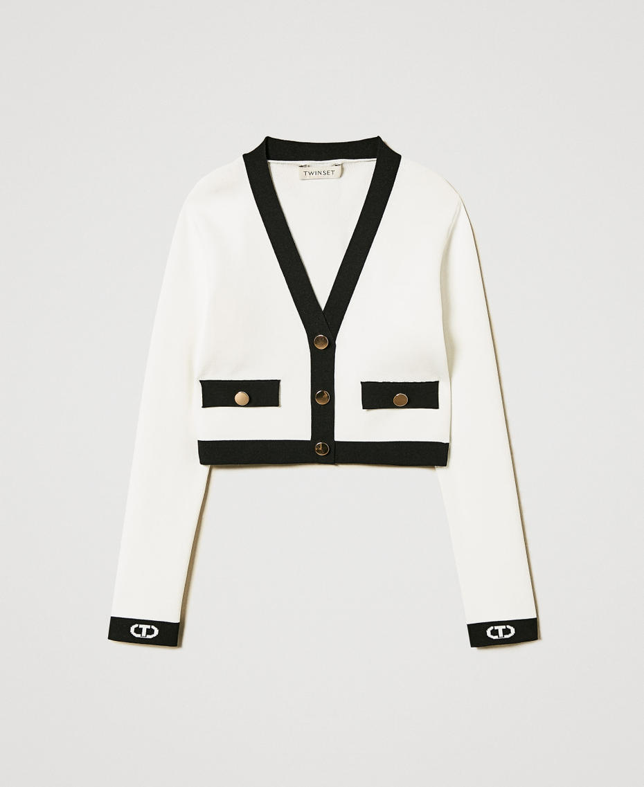 Ribbed cardigan with Oval T jacquard Bicolour "Ice" White / Black Girl 251GJ3QW4_02849_S0