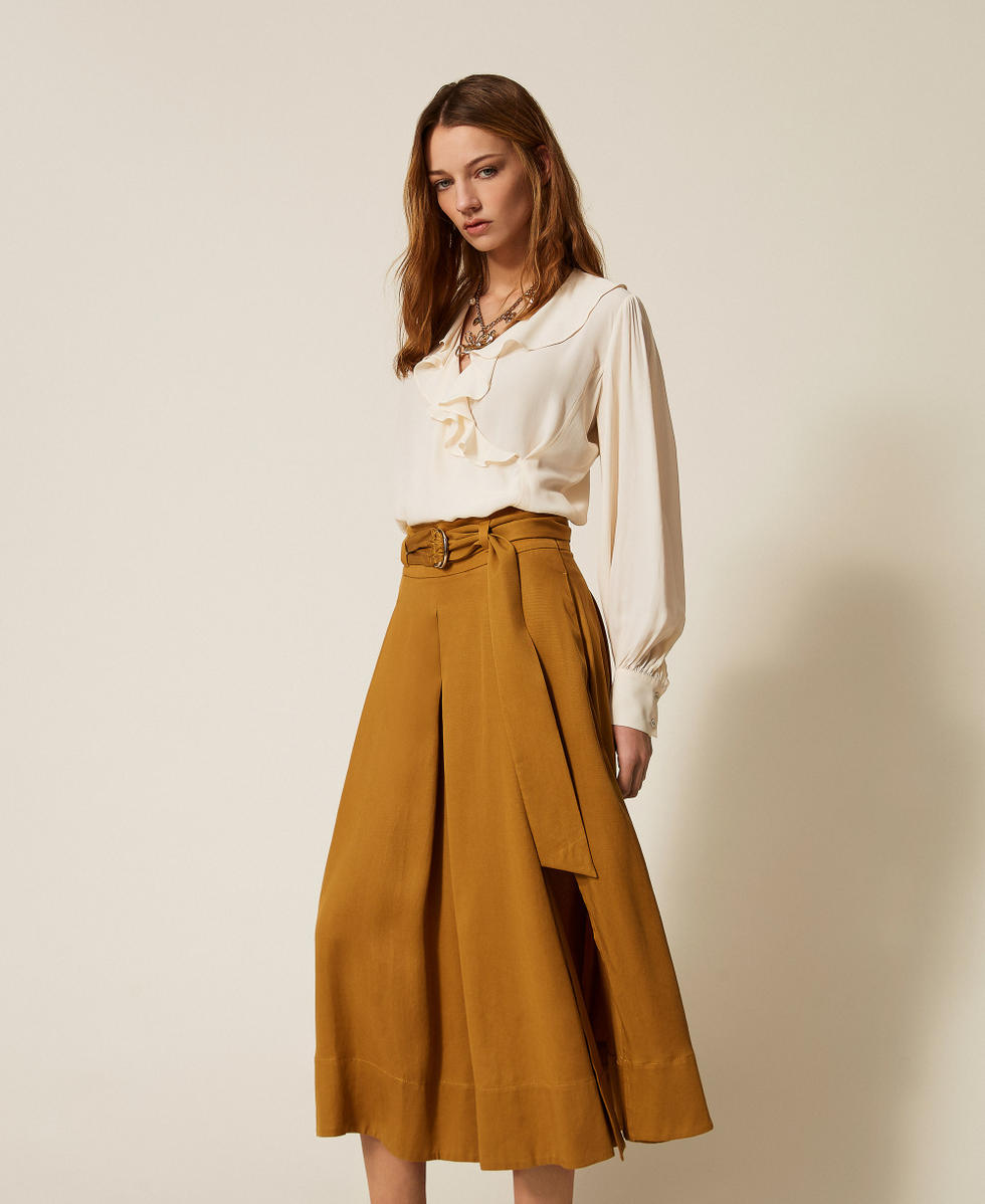 Long twill skirt with belt Woody Brown Woman 261TP2533_12891_02