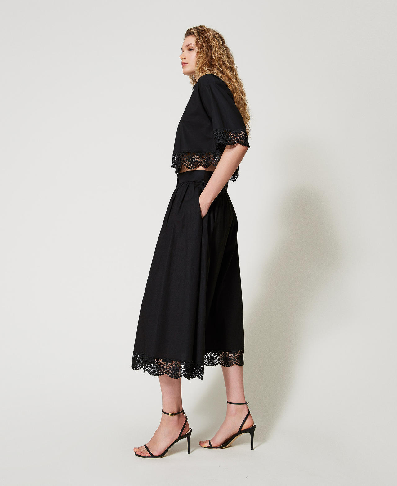 Long poplin skirt with lace Woman, Black | TWINSET Milano