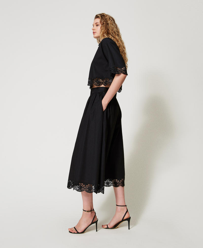 Long poplin skirt with lace Woman, Black | TWINSET Milano
