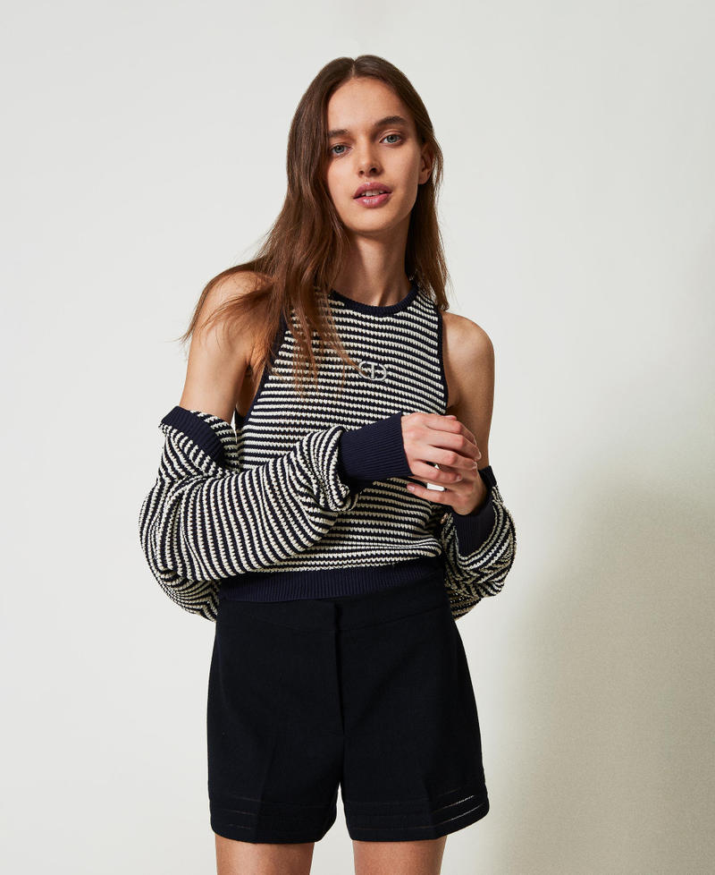 Striped knit cardigan and top with Oval T Two-tone Snow/Blue Night Woman 251TP3320_12261_06