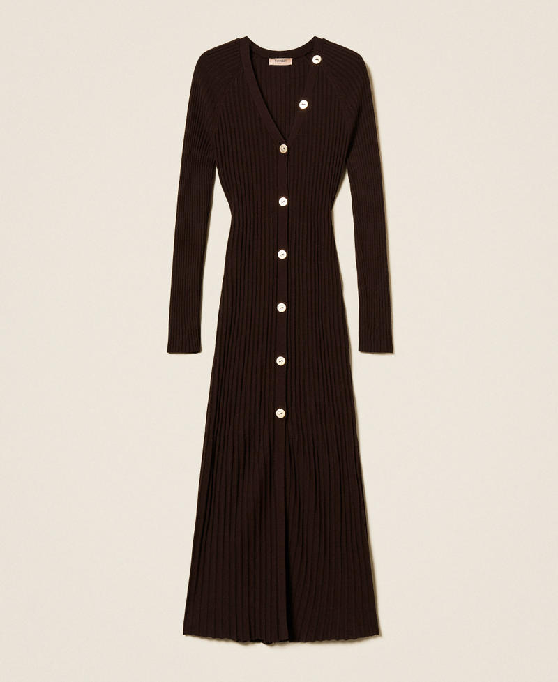 Long wool blend rib knit cardigan dress Black Chocolate Woman 252TT3400_11054_S0