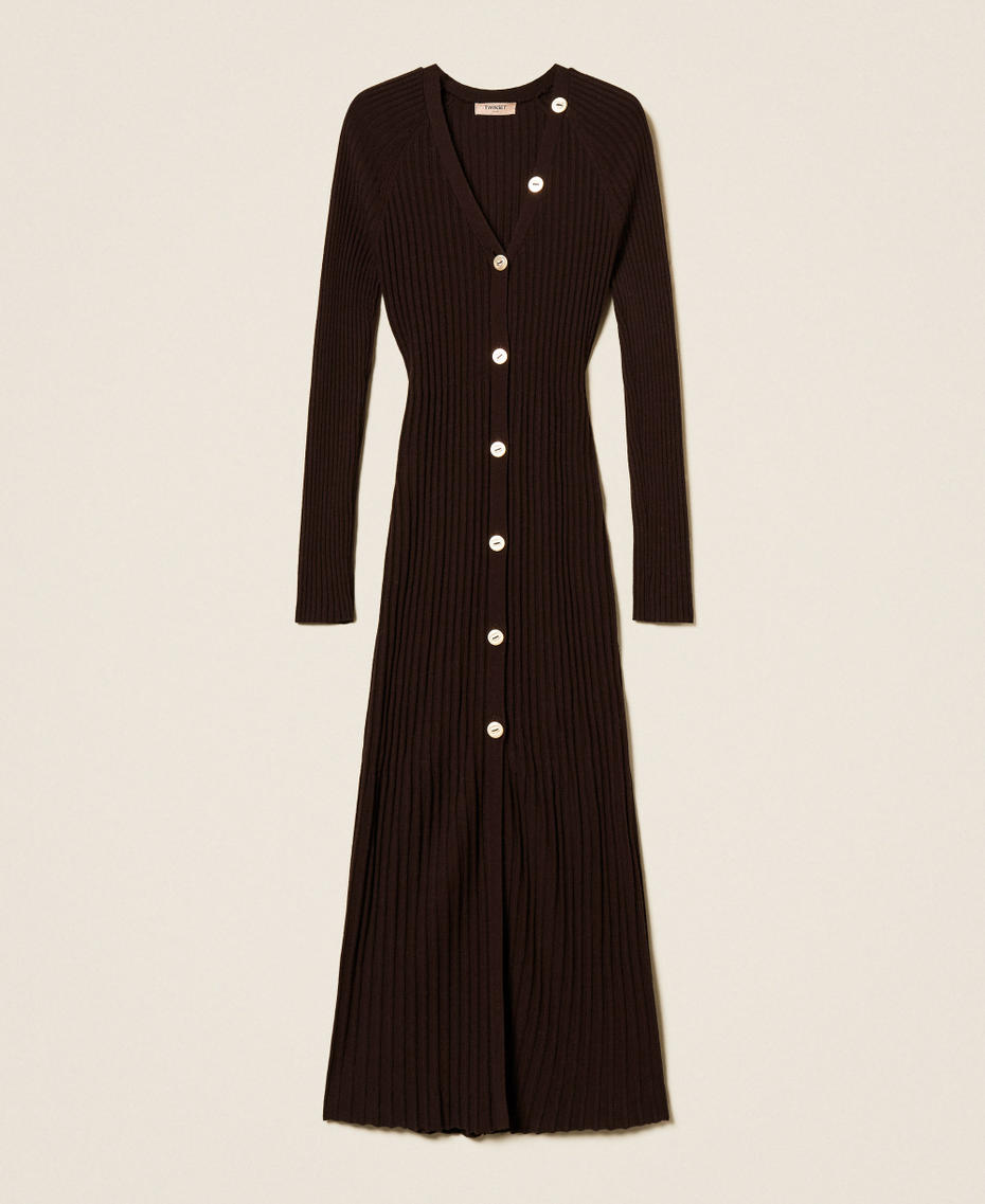 Long wool blend rib knit cardigan dress Black Chocolate Woman 252TT3400_11054_S0