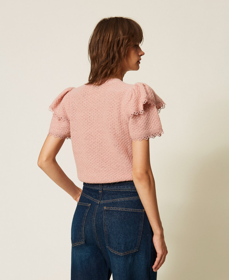 Crew neck jumper with flounces Light Dusty Pink Woman 262TP3152_12747_03