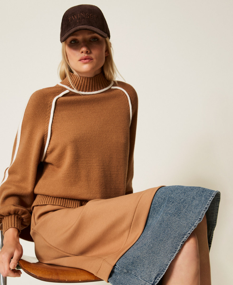 Jupe mi-longue en scuba et jean Bicolore Camel/Denim Femme 252LI2PEE_12671_04