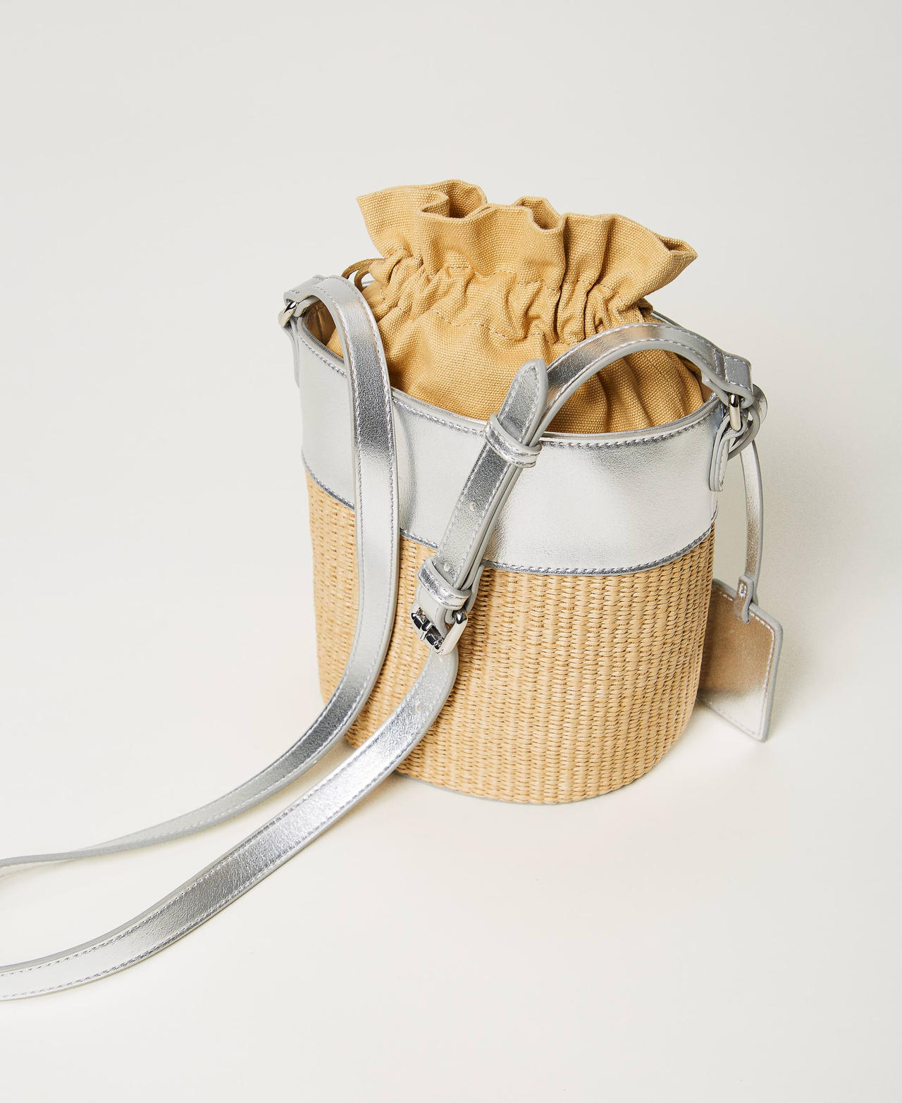 Raffia bucket bag Two-tone “Straw” Beige / Silver Woman 241AO8011-03