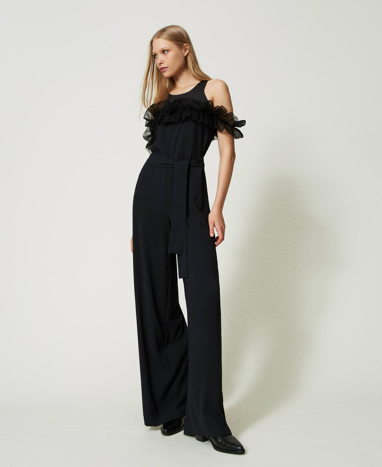 Jumpsuit with tulle ruffles Black Woman 241AP2065-02