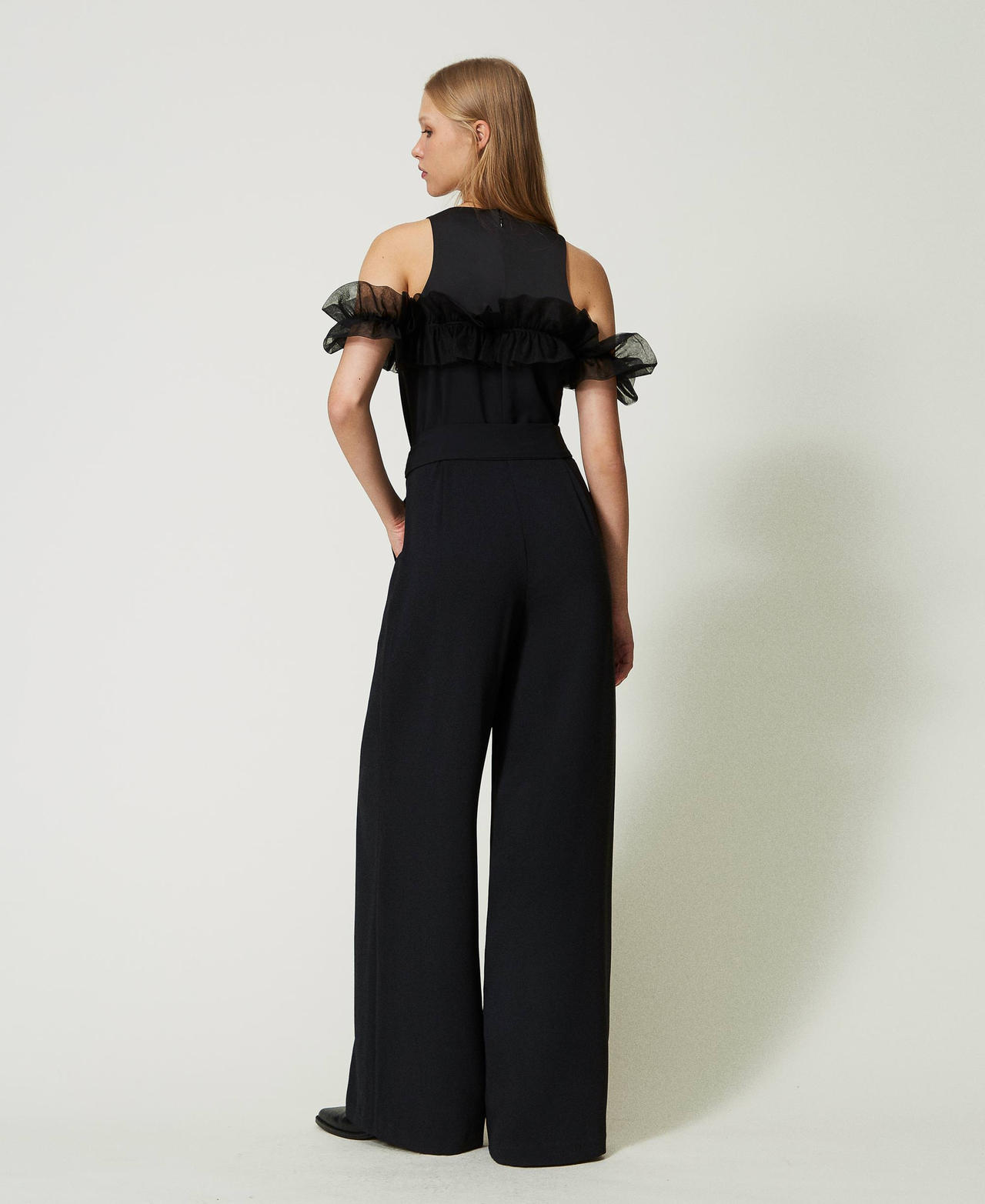 Jumpsuit with tulle ruffles Woman Black TWINSET Milano