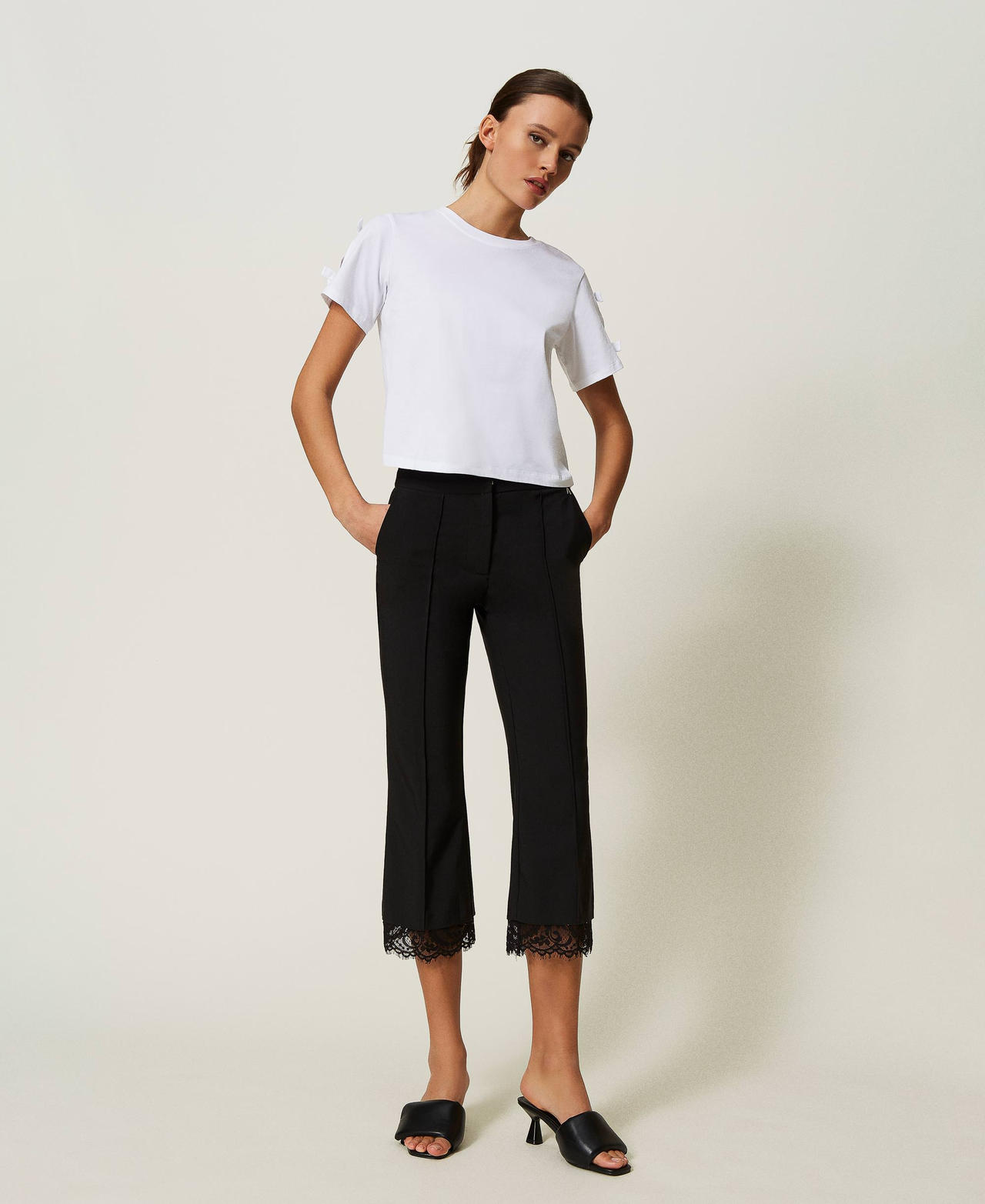 Cropped trousers with macramé lace Black Woman 241AP2073-02