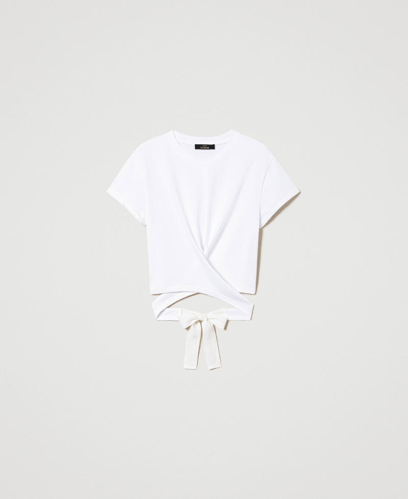 Cropped t-shirt with criss-cross "Papers" White Woman 241AP2130-0S