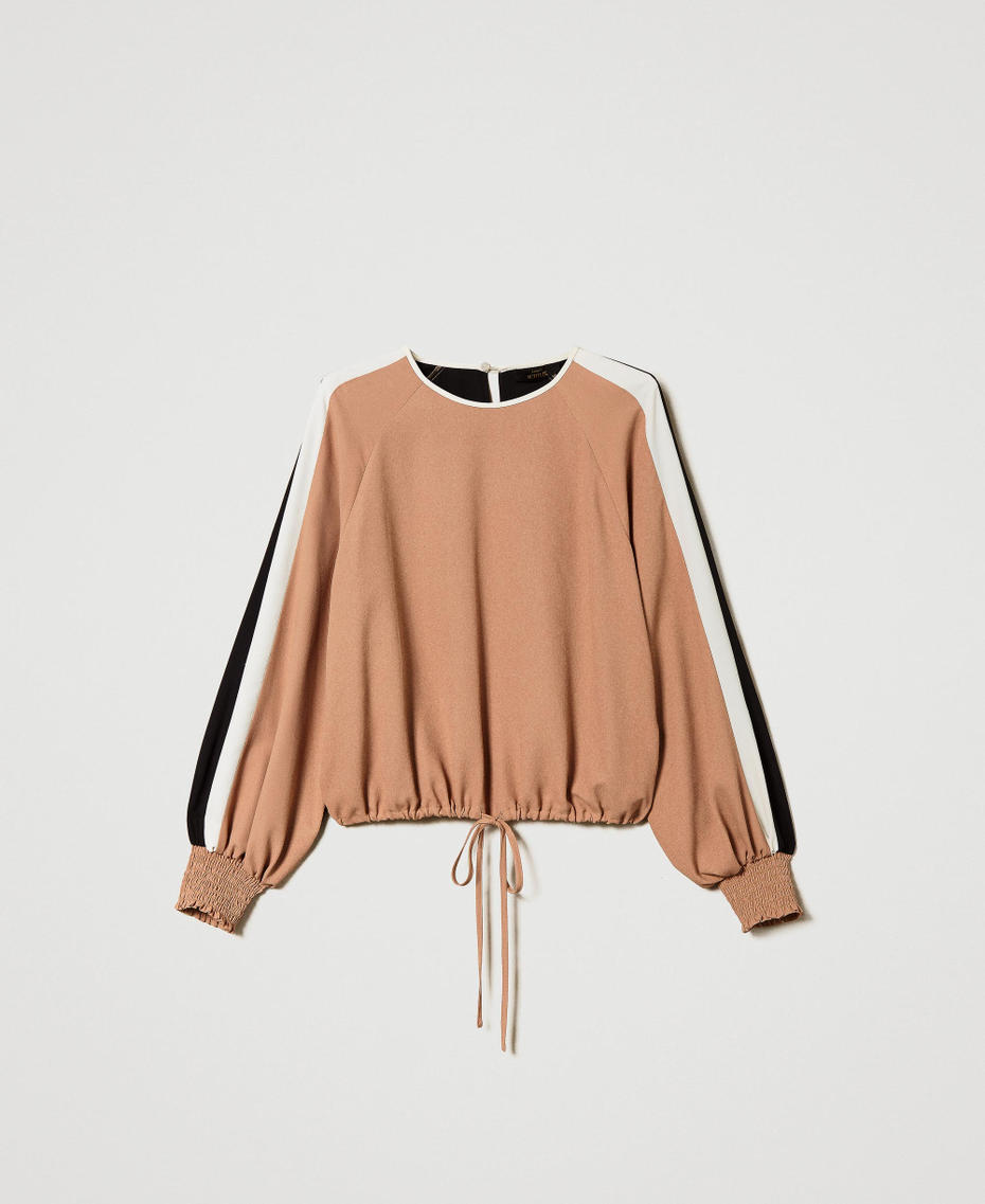 Blouse made from crêpe de Chine with recycled polyester Multicolour Black / “Macaroon” Brown / “Chantilly” White Woman 241AP2153_11315_S0