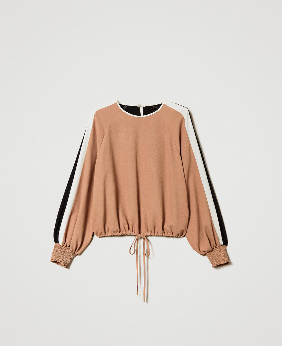 Blouse made from crêpe de Chine with recycled polyester Multicolour Black / “Macaroon” Brown / “Chantilly” White Woman 241AP2153_11315_S0