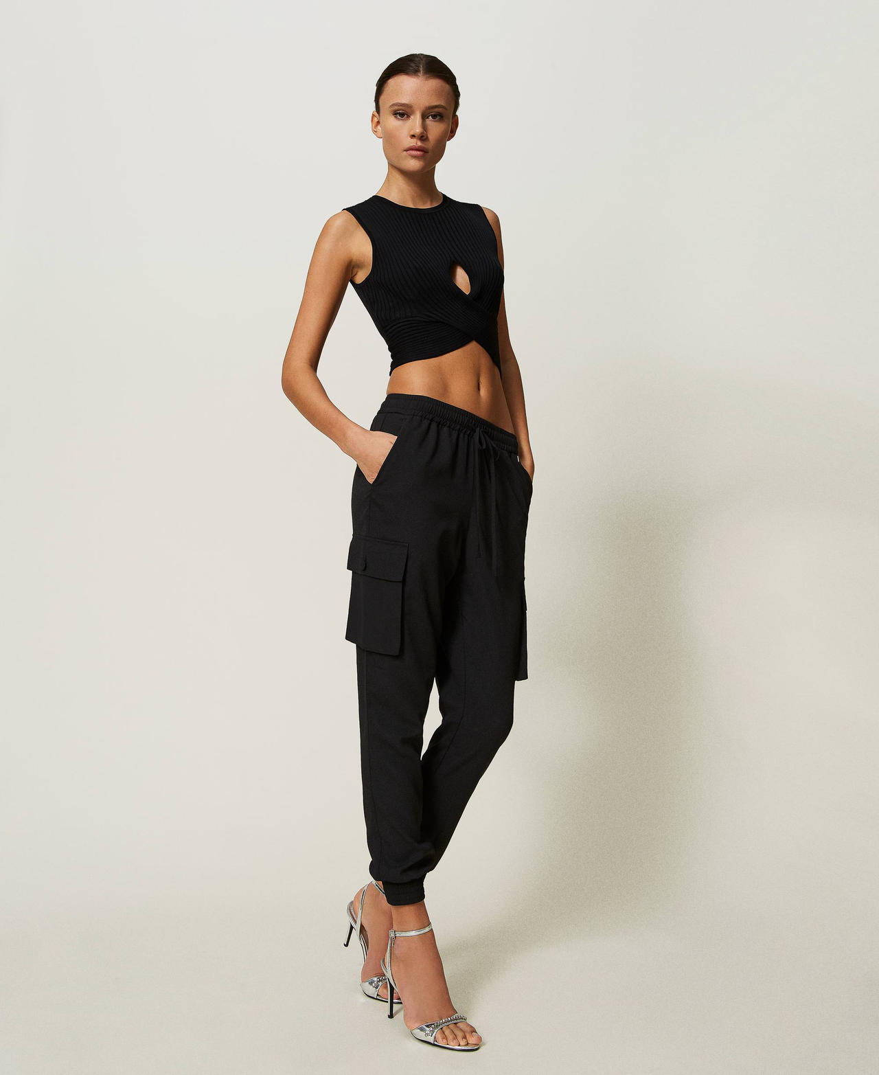 Cr&ecirc;pe de Chine Joggers with recycled polyester Black Woman 241AP2155_00006_03
