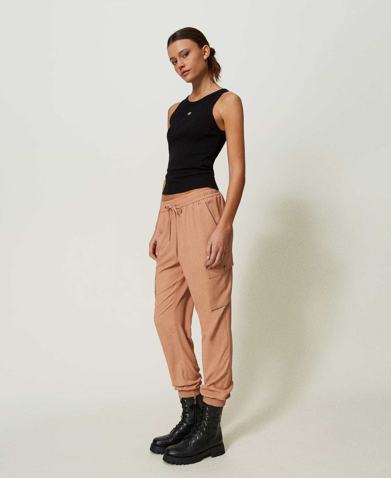 Crêpe de Chine Joggers with recycled polyester “Macaroon” Brown Woman 241AP2155-02