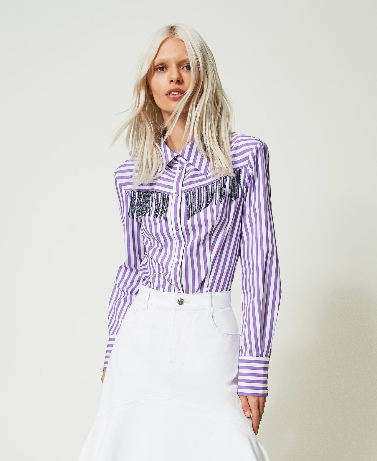 Camisa de rayas con algodón orgánico Morado "Sparkling Grape" / Blanco "Papers" Stripe Mujer 241AP2160-02