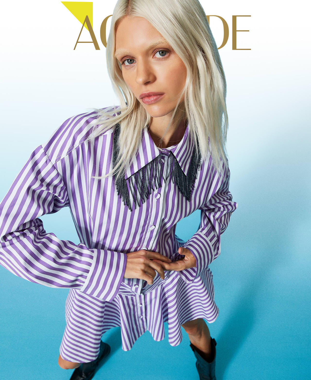 Abito corto a righe con cotone organico Viola "Sparkling Grape" / Bianco "Papers" Stripe Donna 241AP2165_11313_01