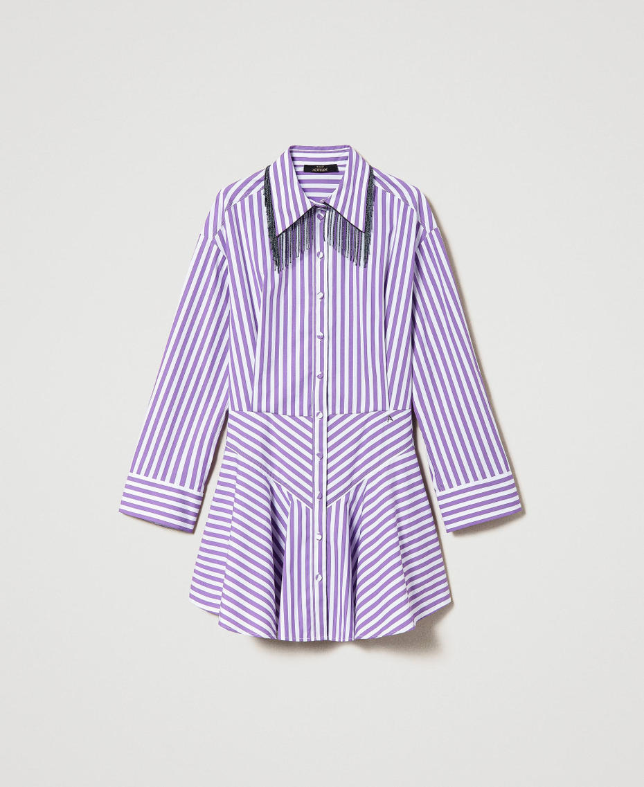 Kurzes Kleid aus Bio-Baumwolle mit Streifen „Sparkling Grape“-Lila / „Papers“-Weiß Streifen Frau 241AP2165-0S