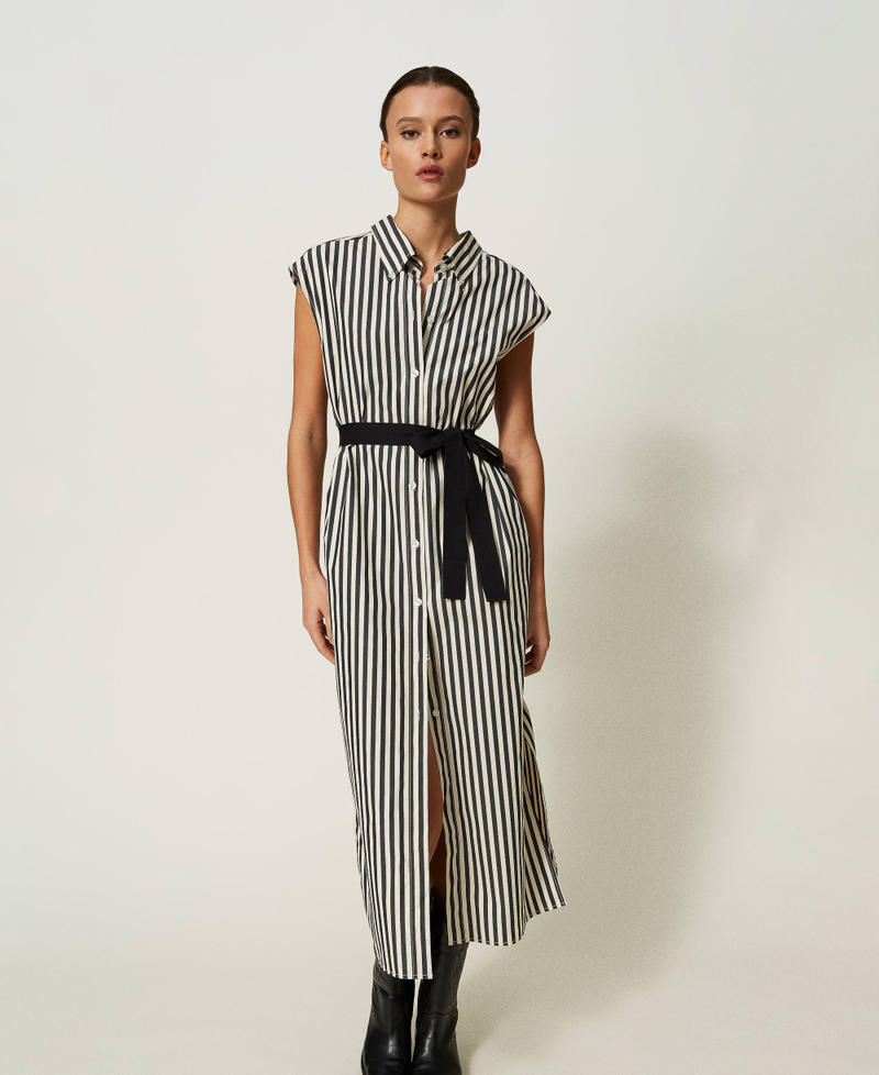 Langes Kleid aus Bio-Baumwolle mit Streifen „Chantilly“-Weiß / Schwarz Streifen Frau 241AP2169-02