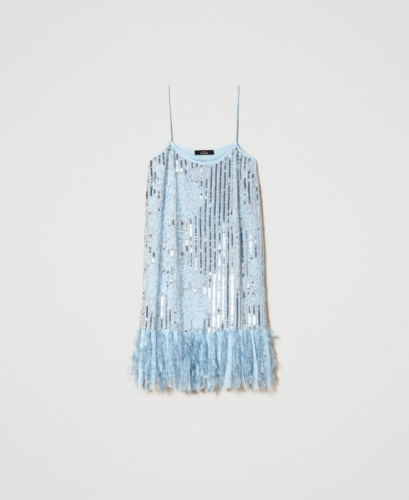 Kurzes Kleid aus Georgette mit Stickereien „Airy Blue“-Azur Frau 241AP2171-0S