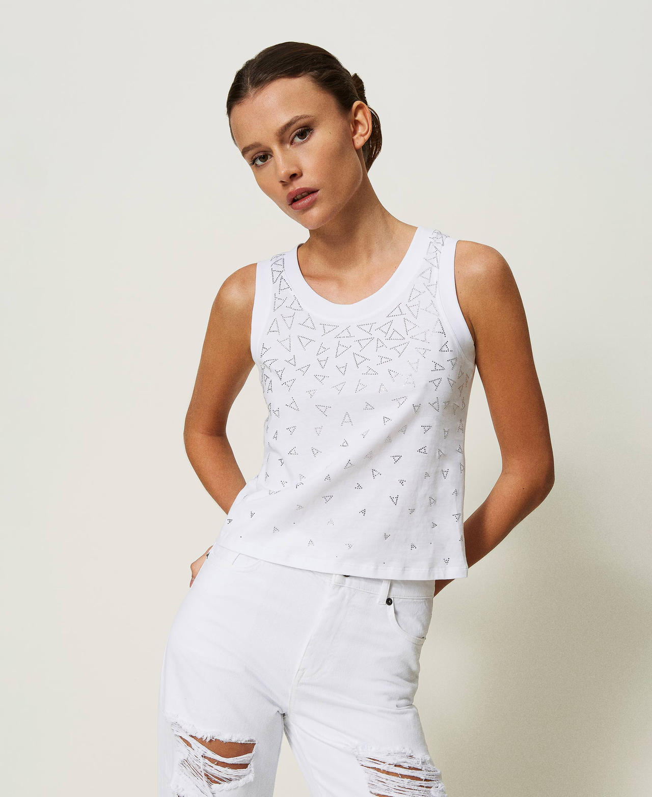 Ribbed top with logo "Papers" White Woman 241AP2230-02