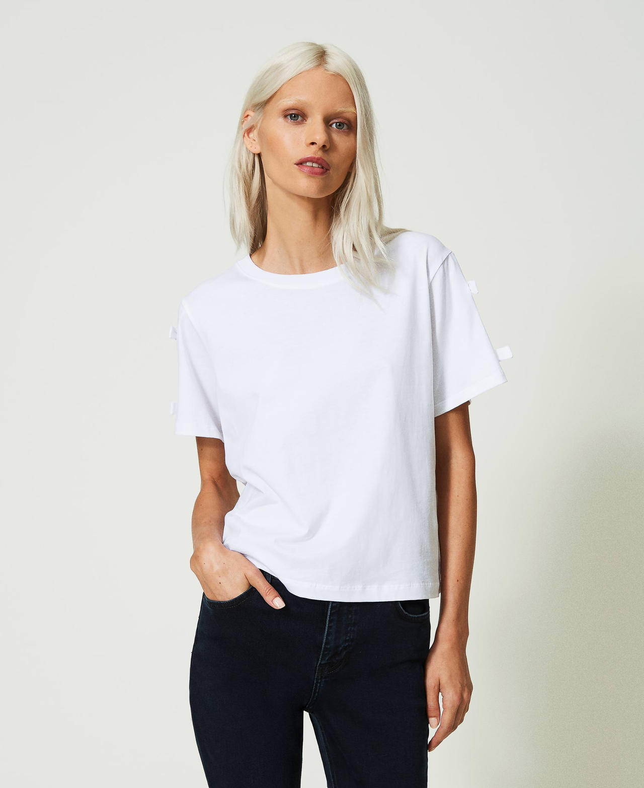 Camiseta regular con lazos Blanco "Papers" Mujer 241AP2241-02