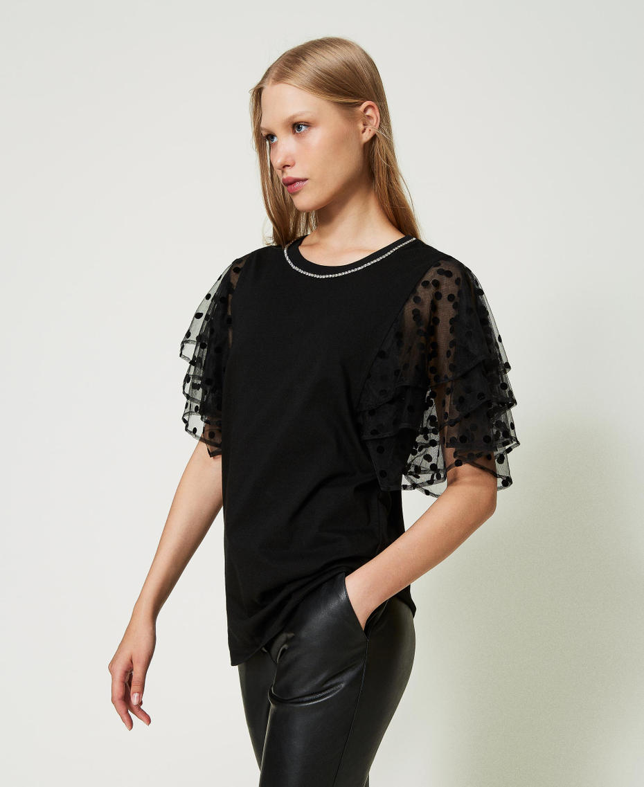 T-shirt with tulle sleeves Black Woman 241AP2242_00006_03