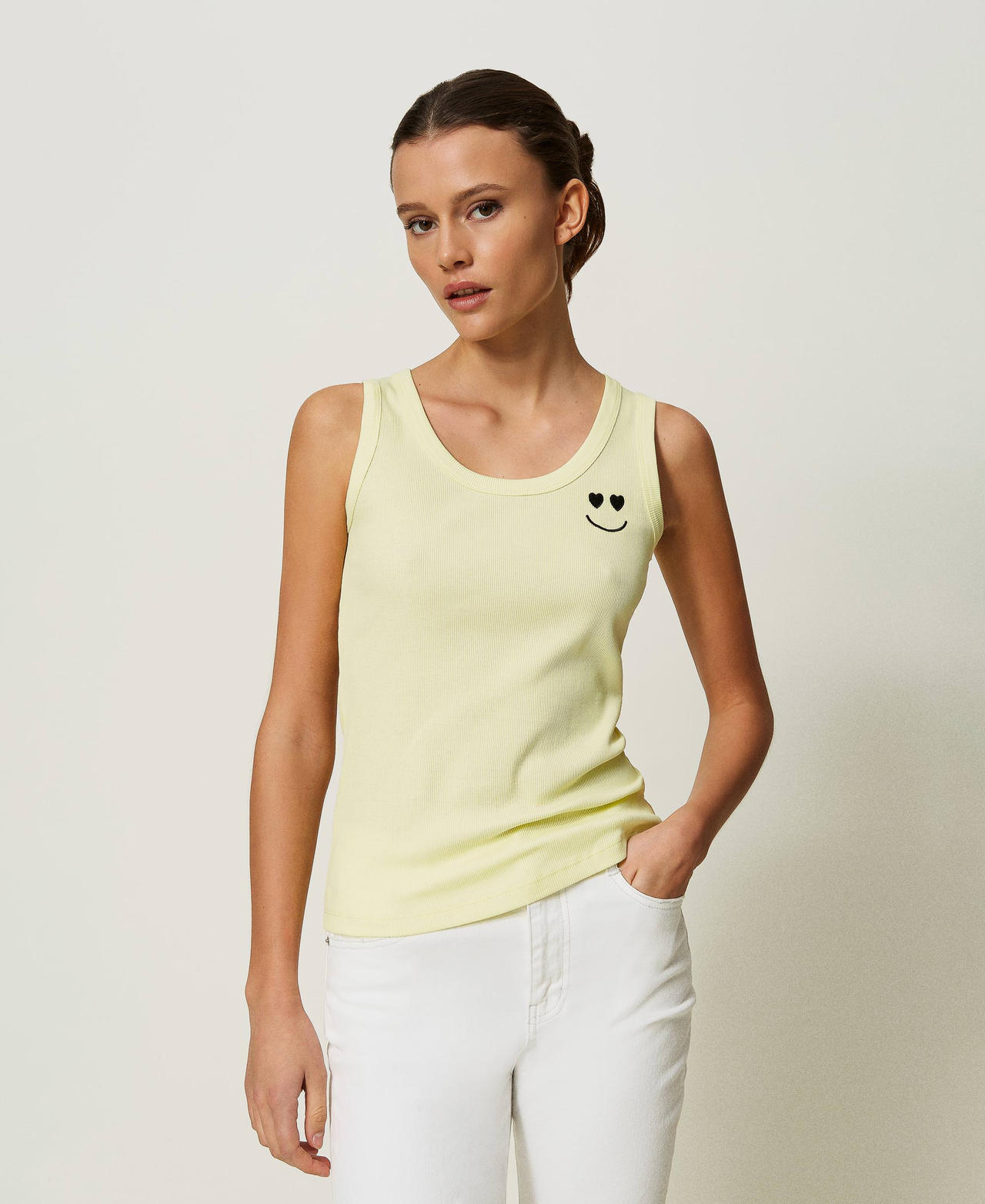 Ribbed top with embroidery Lime Yellow Woman 241AP2250_00352_02