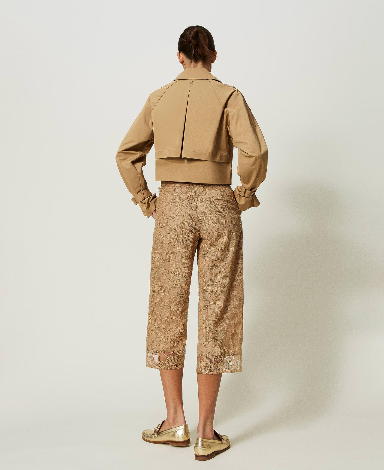 Pantalones cropped de organza bordada Mujer, Marrón | TWINSET Milano