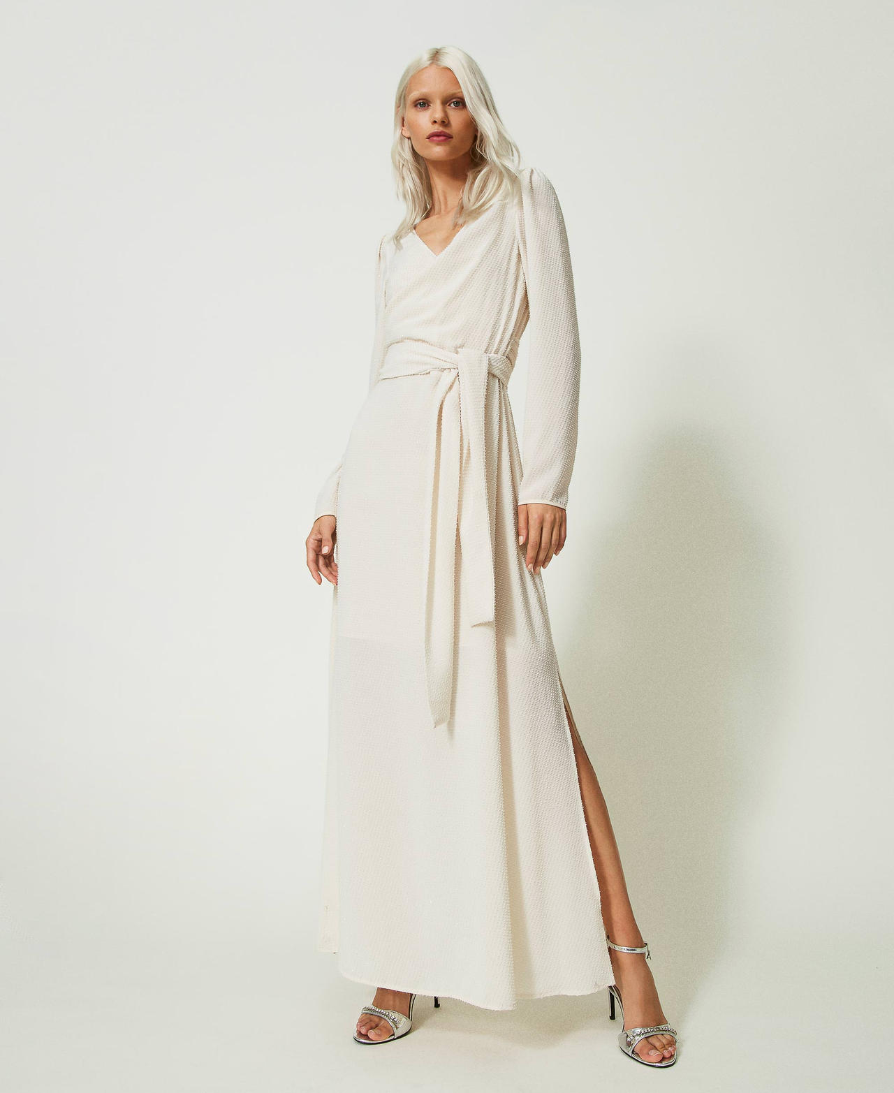 Vestido largo de crepé fil coupé Blanco crema Mujer 241AP2330-02