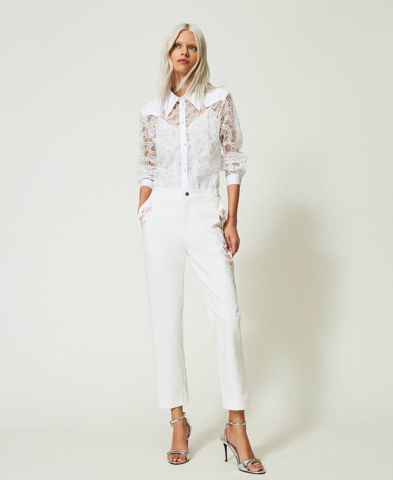 Organic cotton trousers with embroidery "Papers" White Woman 241AP2351_00840_02