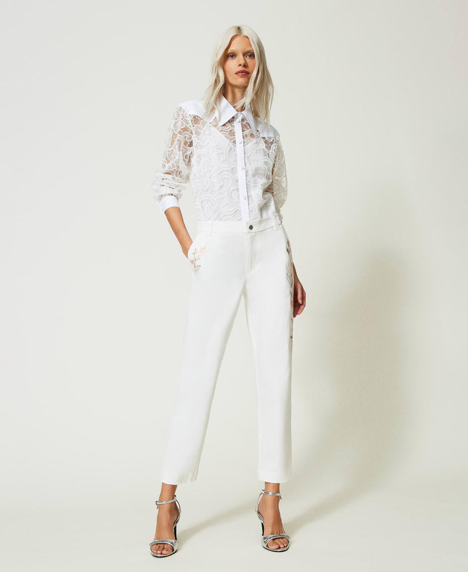 Organic cotton trousers with embroidery "Papers" White Woman 241AP2351_00840_0T