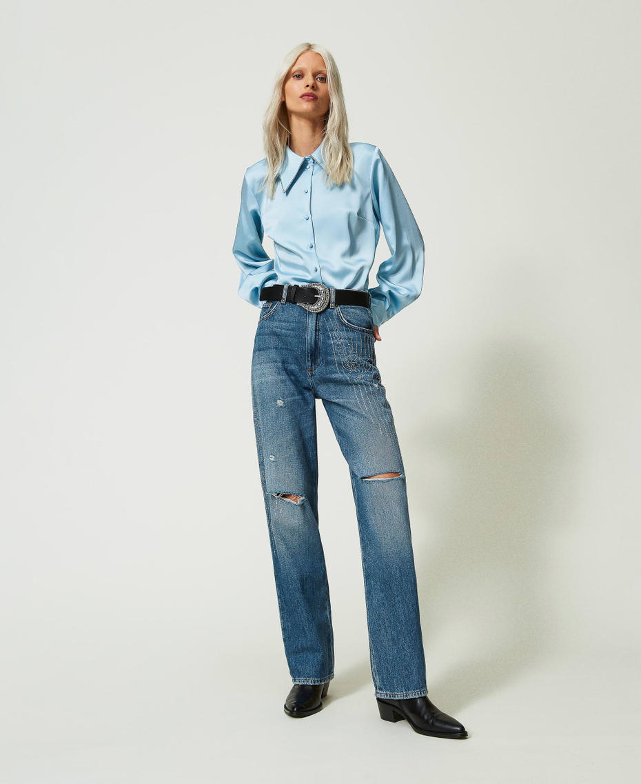 Jeans cinque tasche con strass Blu "Denim Medio" Donna 241AP2470-0T