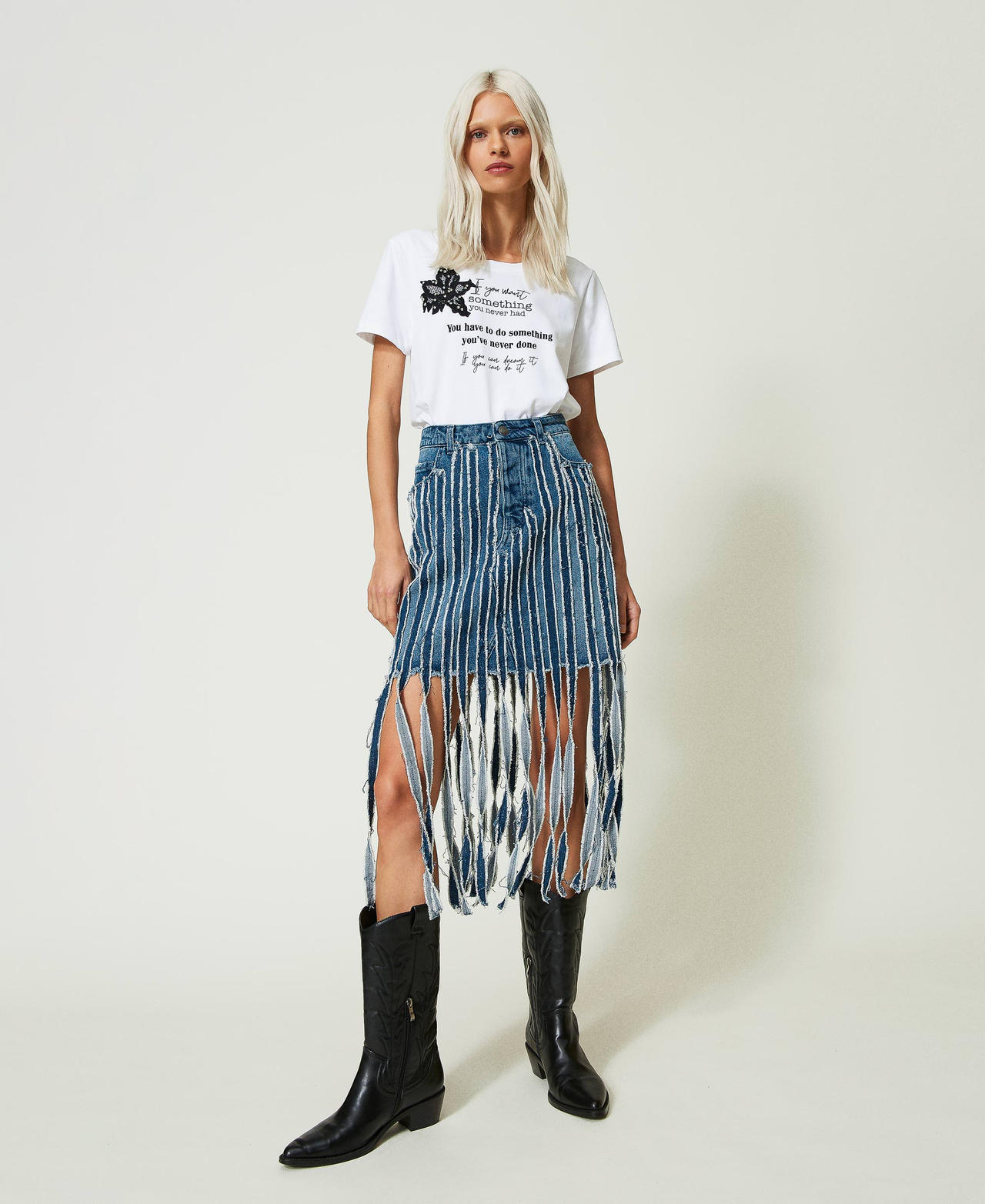 Denim miniskirt with fringes Dark Denim Woman 241AP2481-02