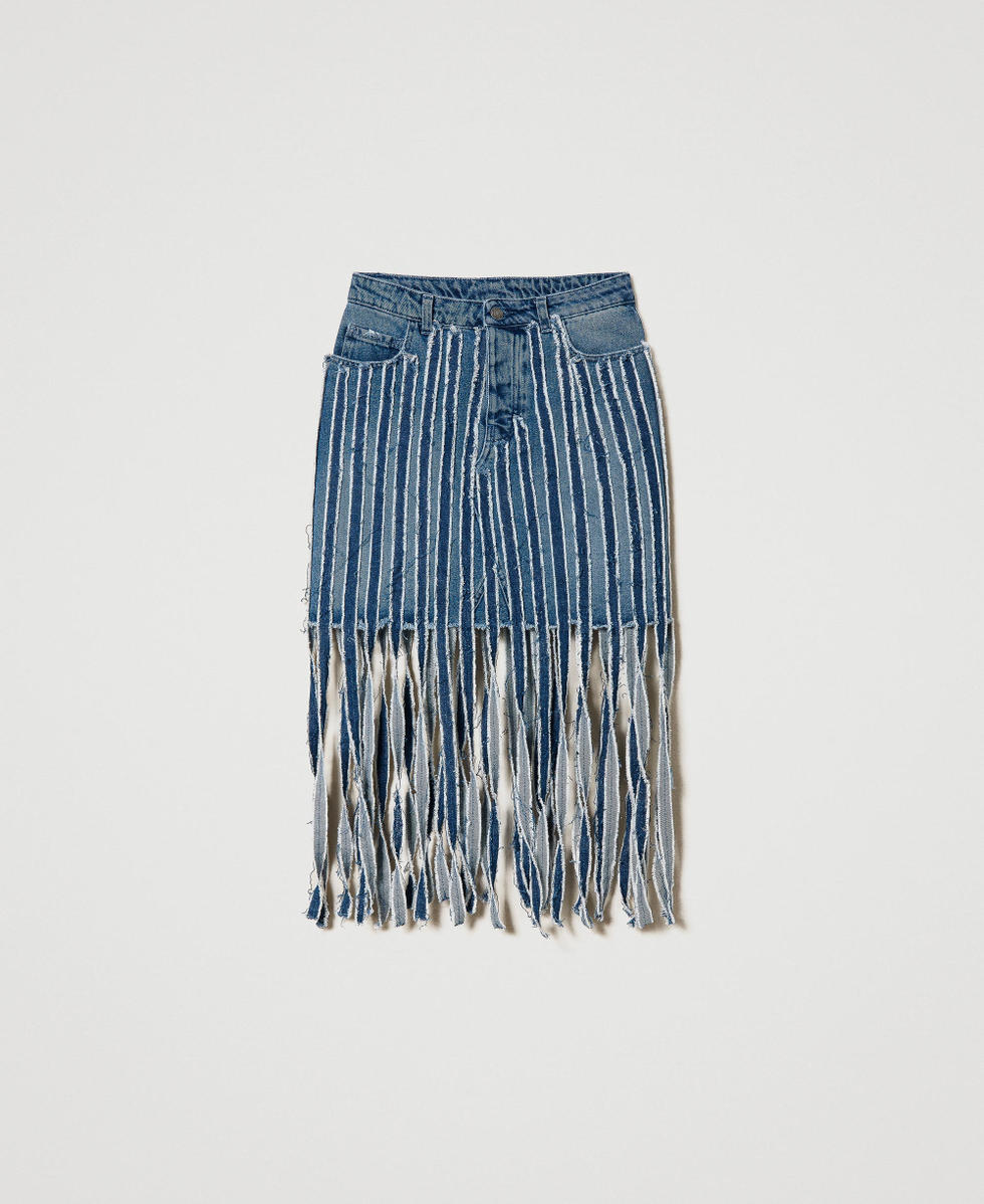 Denim miniskirt with fringes