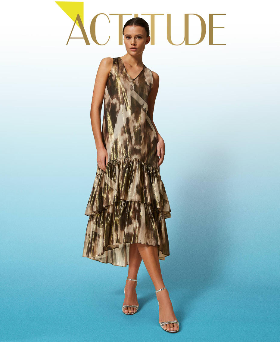 Long printed voile dress with flounces