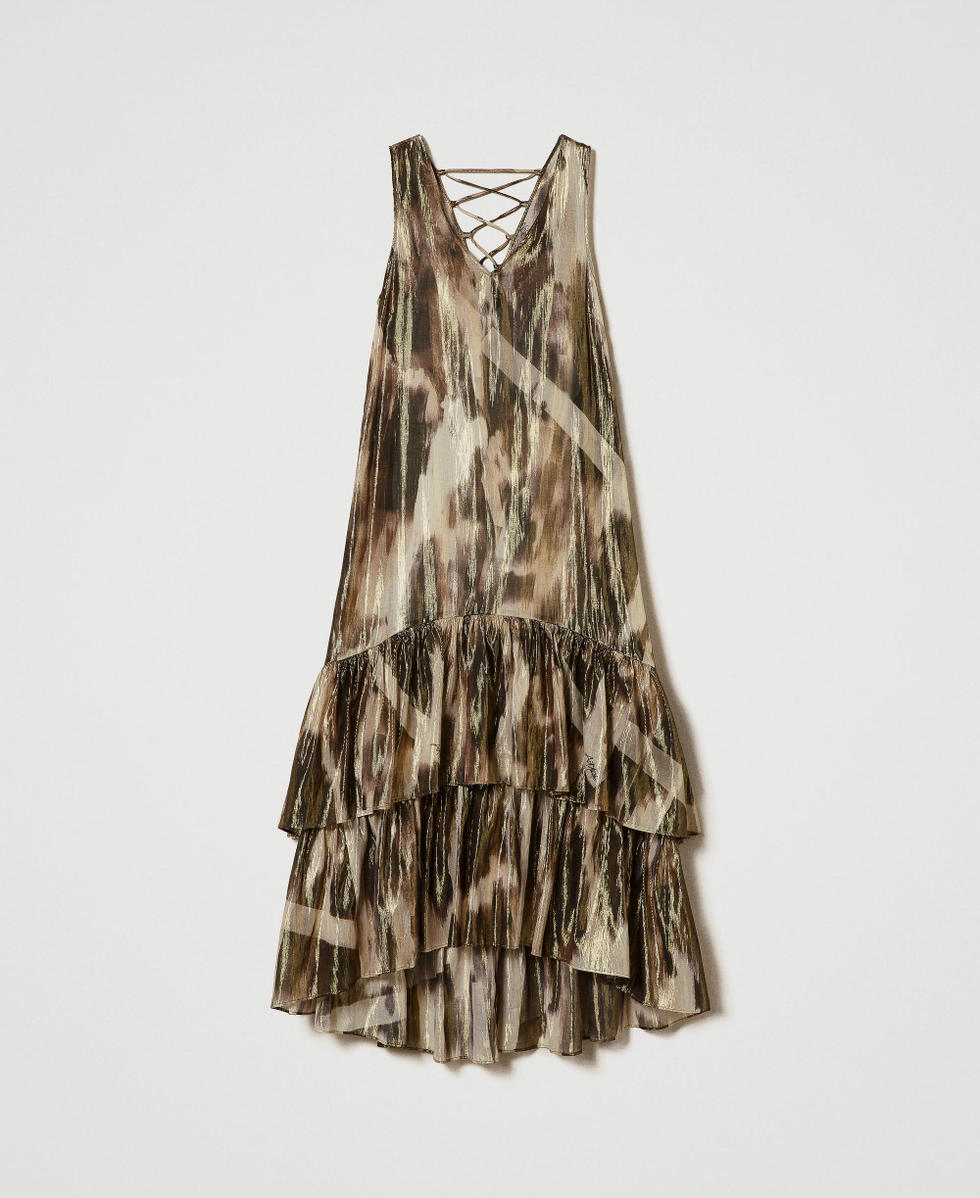 Long printed voile dress with flounces