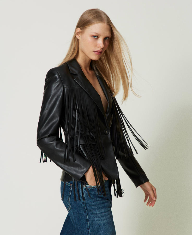 Leather-like jacket with fringes Black Woman 241AP2570-03