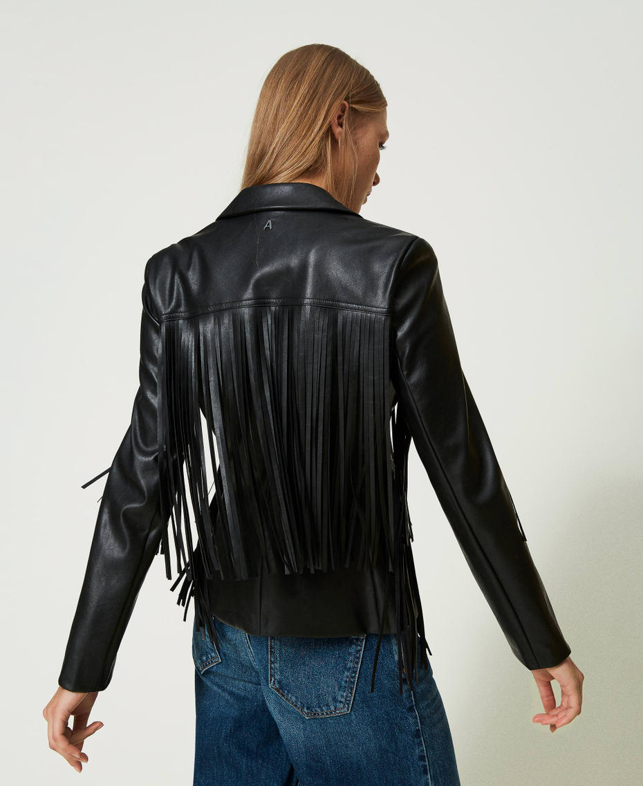 Leather-like jacket with fringes Black Woman 241AP2570-04