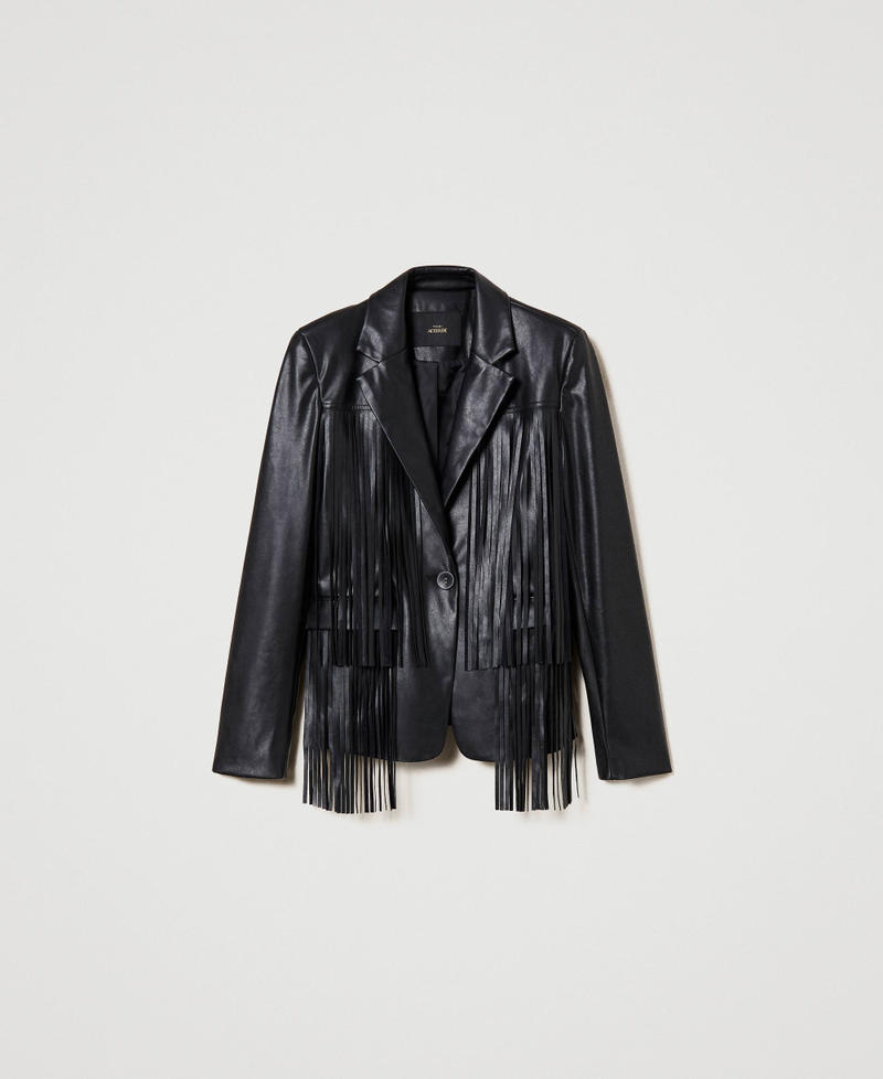 Leather-like jacket with fringes Black Woman 241AP2570-0S