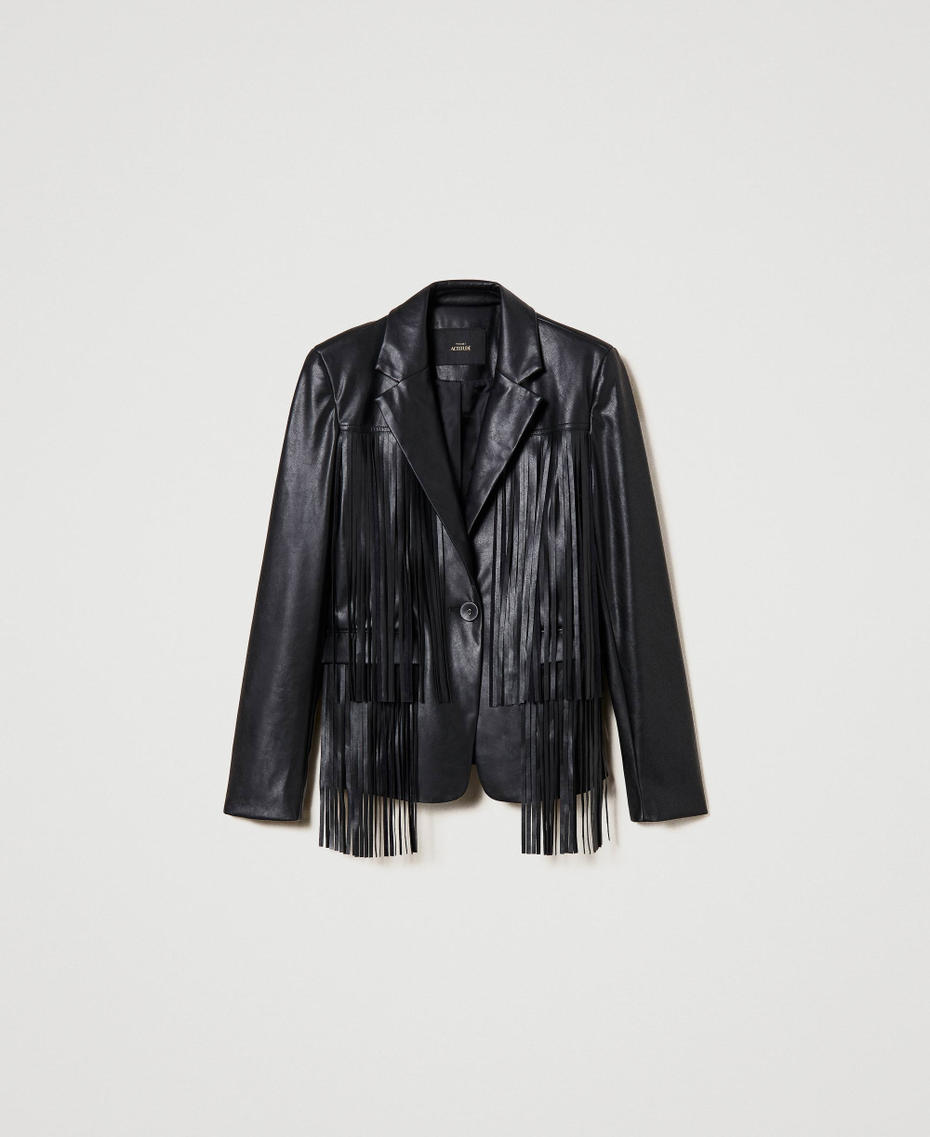 Leather-like jacket with fringes Black Woman 241AP2570_00006_S0