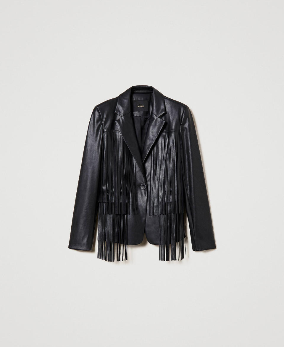 Leather-like jacket with fringes Black Woman 241AP2570_00006_S0