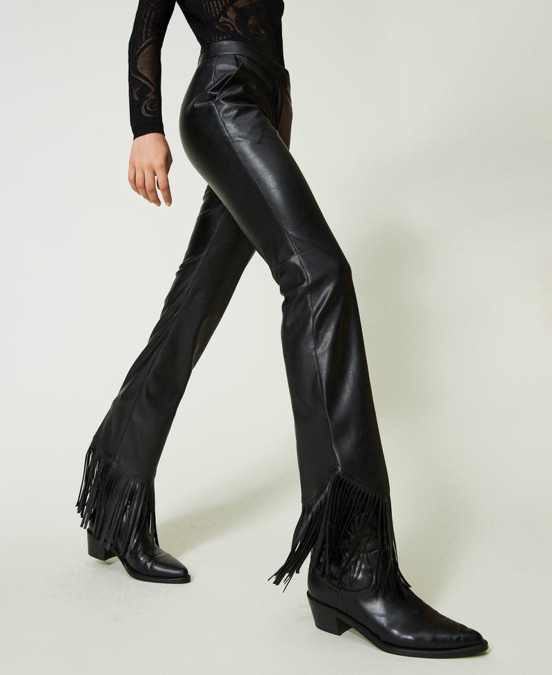 Leather-like trousers with fringes Black Woman 241AP2572-03